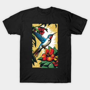Hummingbird Vibrant Tropical Flower Tall Retro Vintage Digital Pop Art Portrait T-Shirt
